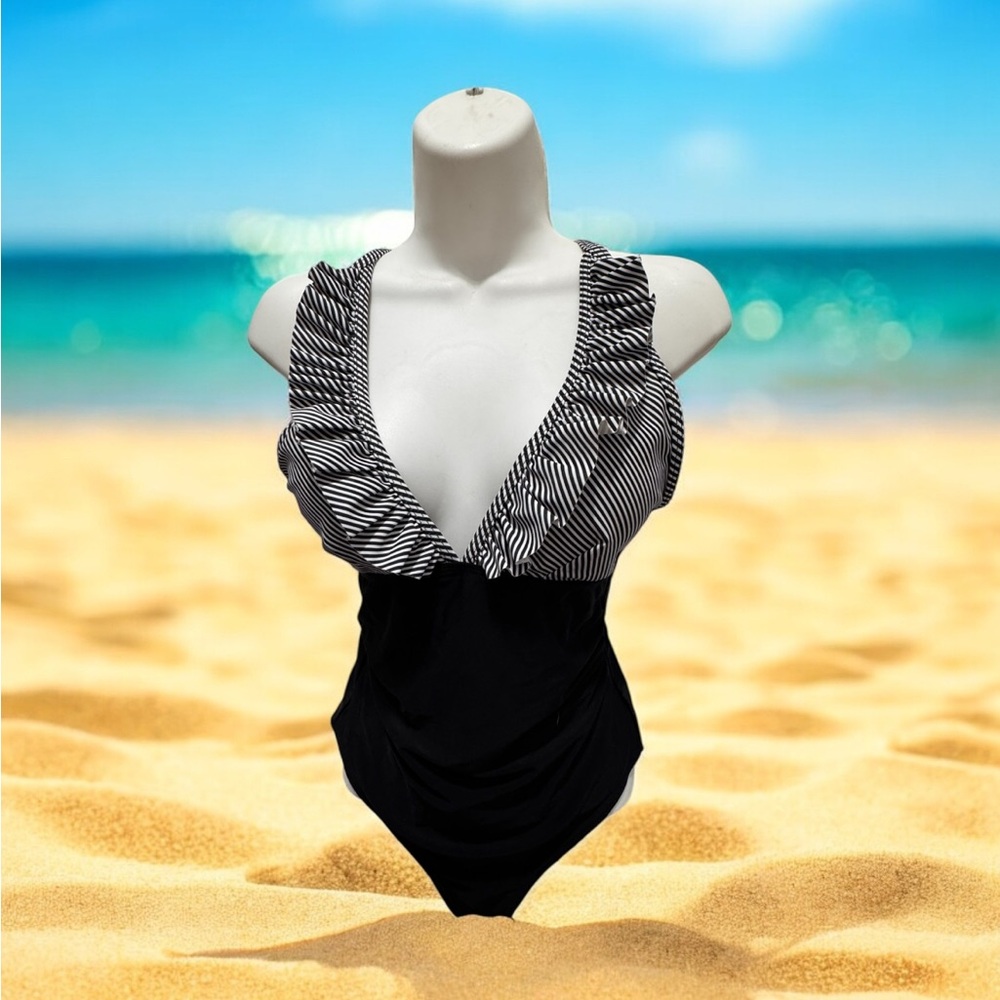 Black and White One Piece Swimsuit with Ruffled Straps size small